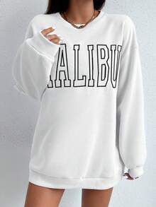 RueChic Letter Embroidery Round Neck Drop Shoulder Sweatshirt - White - View 4