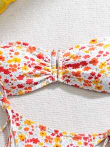 SHEIN Swim 夏季女士花卉印花抹胸比基尼套装，配有三角形泳裤和腰带，适合海滩度假 - 随机印花 - 粉色 - 查看 6