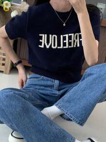 DAZY Áo len chữ ngắn tay thời trang dành cho nữ, trang phục hàng ngày - Màu xanh hải quân - Xem 4