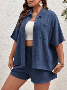 SHEIN VCAY Kích thước lớn Của phụ nữ màu trơn Ngắn tay Áo sơ mi Và Bộ quần short - Màu xanh hải quân - Xem 4