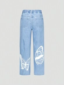 Teen Girl Black Printed Wide Leg Jeans With Front And Back Cut - Light Wash - View 2