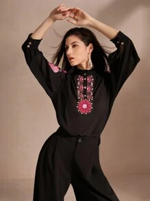 Anewsta Camisa casual de manga larga para mujer con bordado de flores y botones en la parte delantera