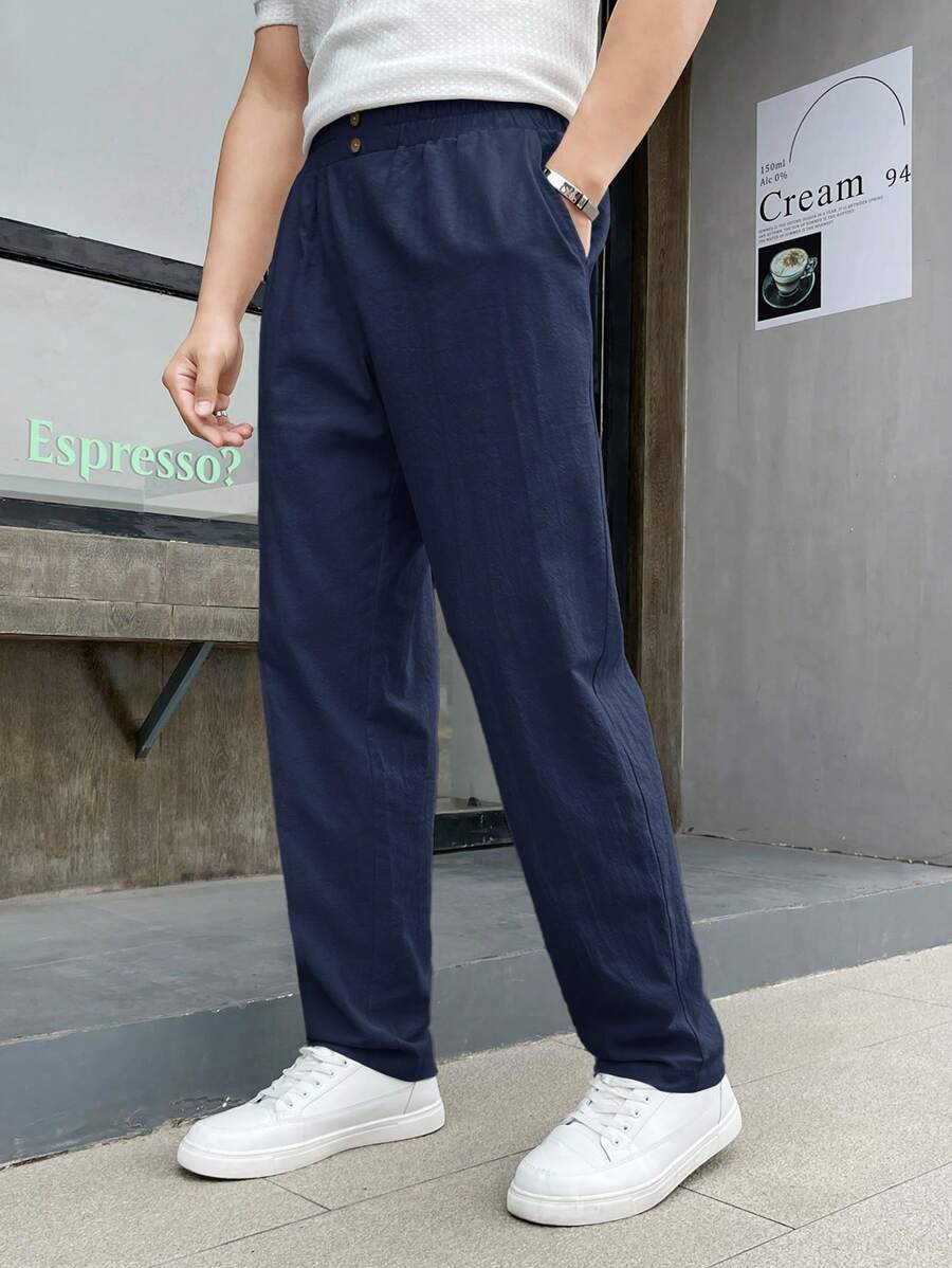 Manfinity Homme 男士純色簡約時尚日常編織便裝褲 - 藏蓝色 - 查看 1