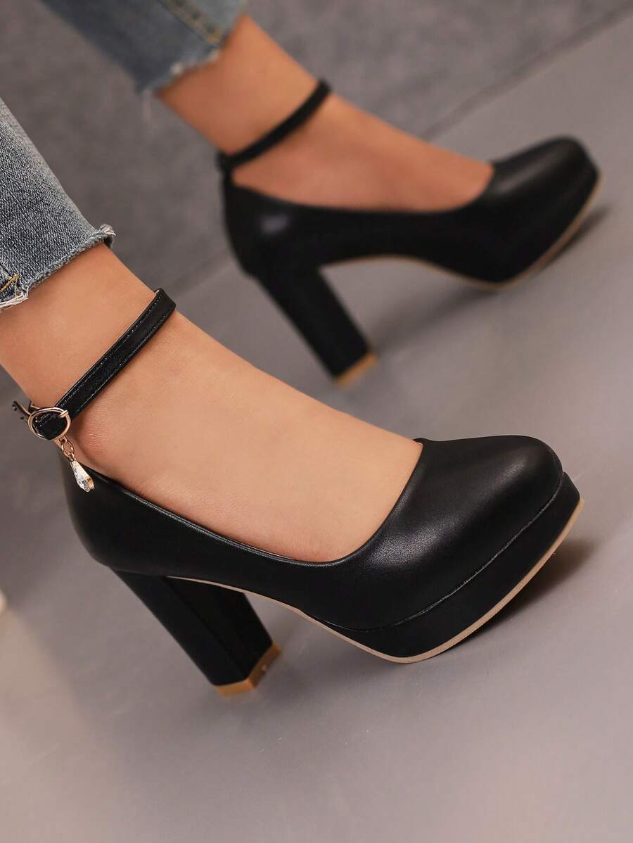 2025秋冬季黑色高跟厚底PU皮鞋，带搭扣，优雅派对鞋，适合所有季节，优雅女士高跟鞋 - 黑色 - 查看 1