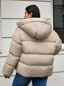 EURMUSE Plus Size Hooded Zipper Puffer Coat, For Winter - Beige - View 2