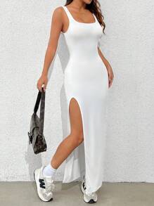 SHEIN EZwear Weißes ärmelloses Bodycon-Kleid mit gestricktem Muster und hohem Schlitz für den Sommer - Weiss - Übersicht 6