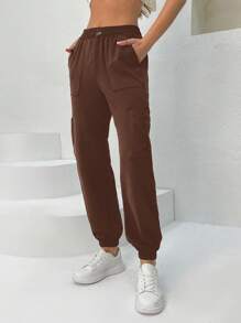 EURMUSE Solid Color Drawstring Waist Cargo Pants - Brown - View 4