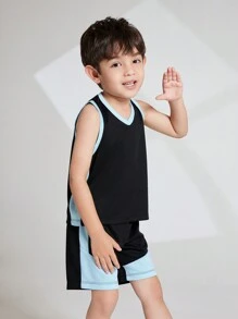 Young Boys' V-Neck Contrast Trim Tank Top And Shorts Summer Sports Outfits - Black - View 4