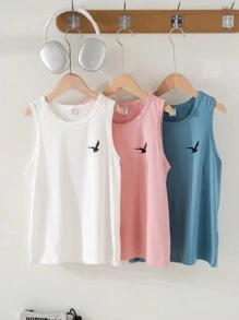 SHEIN Tween Boys' 3pcs/Set Loose Fit Summer Casual Round Neck Seagull Print Tank Top - Multicolor - View 5