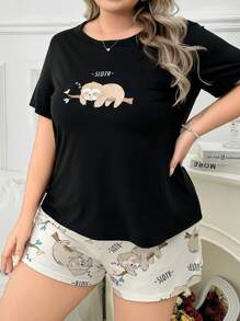 Sloth Print Plus-Size Short Sleeve Shirt And Shorts Pajama Set - Multicolor - View 3
