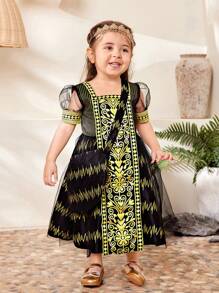 SHEIN Vestido largo de malla cómodo negro con patrón dorado para bebé niña de primavera y verano - Negro - Ver 4