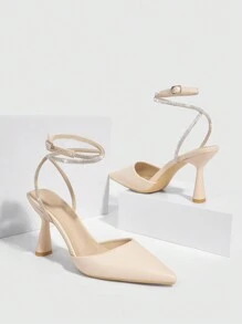 CUCCOO SZL Zapatos de mujer con puntera afilada, incrustados con cristales, con correa para el tobillo, zapatos de tacón de aguja de moda para boda, vacaciones de primavera y verano, zapatos sexy para fiestas, estilo chic y elegante para Halloween y San Valentín