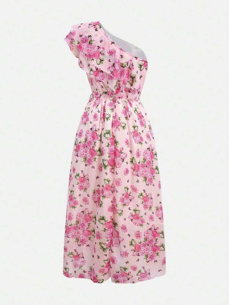 Teen Girl Asymmetrical Neck Ruffle Trim Rose Print Chiffon Dress