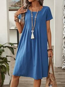 EMERY ROSE Women's Summer Pleated Short Sleeve Casual Dress Linen Dress