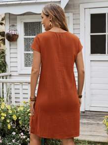 EMERY ROSE 女士夏季多層條圓領短袖連衣裙 - 鏽棕色 - 查看 2
