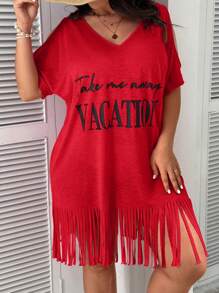 SHEIN VCAY Plus Size Boho Women's Summer Batwing Short Sleeve V-Neck Casual Beach Holiday Sundress With Slogan Print - Red - View 1