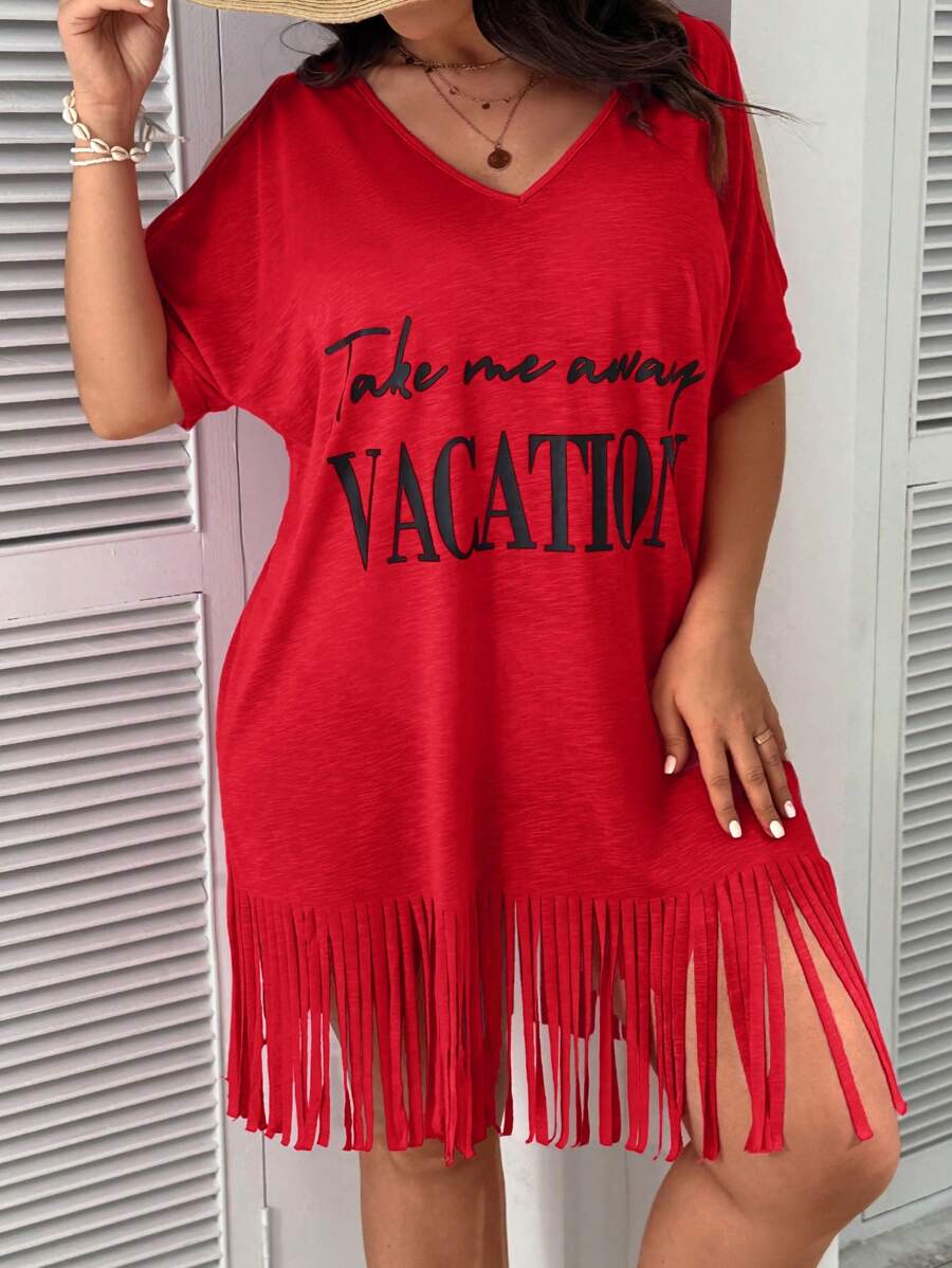 SHEIN VCAY Plus Size Boho Women's Summer Batwing Short Sleeve V-Neck Casual Beach Holiday Sundress With Slogan Print - Red - View 1