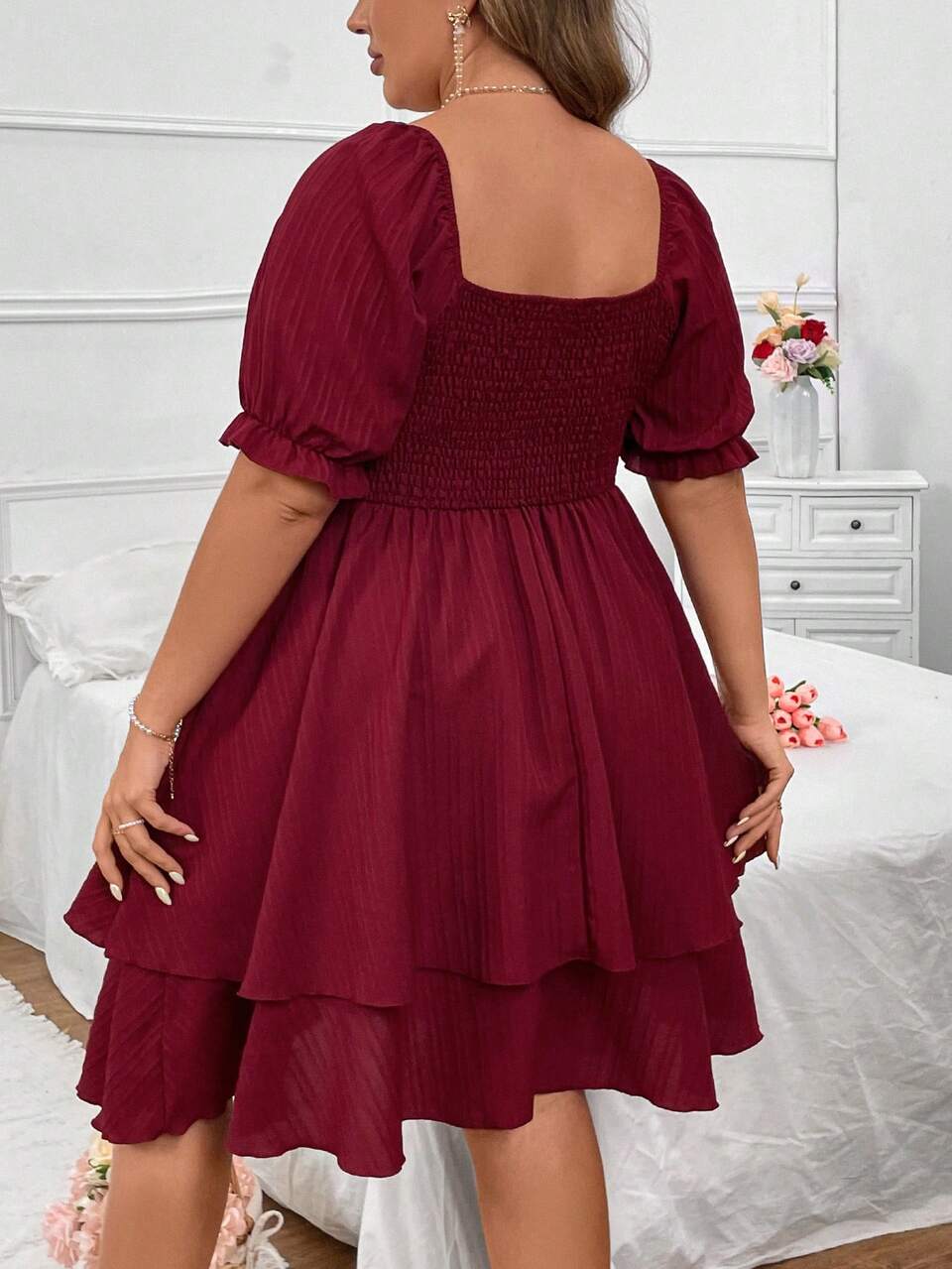 Plus Size Women's Fashionable And Romantic Lace Drawstring Dress For Vacation