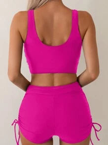Swim Basics Bộ áo ngực và quần short nam có dây chéo phía trước màu trơn dành cho nữ Bộ đồ bơi bikini thông thường dành cho kỳ nghỉ - Màu Hồng Tươi - Xem 2