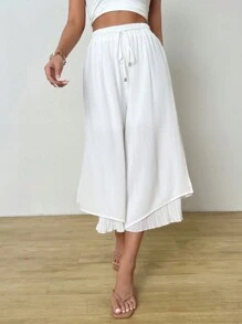 SHEIN Essnce Pantalones de palazzo plisados de cintura alta de gasa para mujer con aberturas laterales, adecuados para el palacio - Blanco - Ver 6