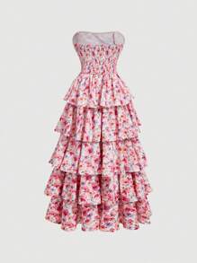 SHEIN MOD Romantic Vintage Floral Allover Print Multi-Layer Strapless Dress Graduation Party - Pink - View 2