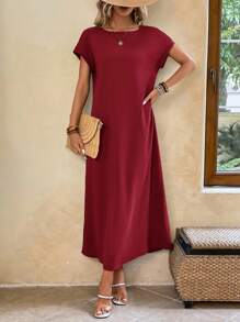 EMERY ROSE Ladies Solid Color Simple Round Neck Long Dress For Daily Wear - Burgundy - View 3