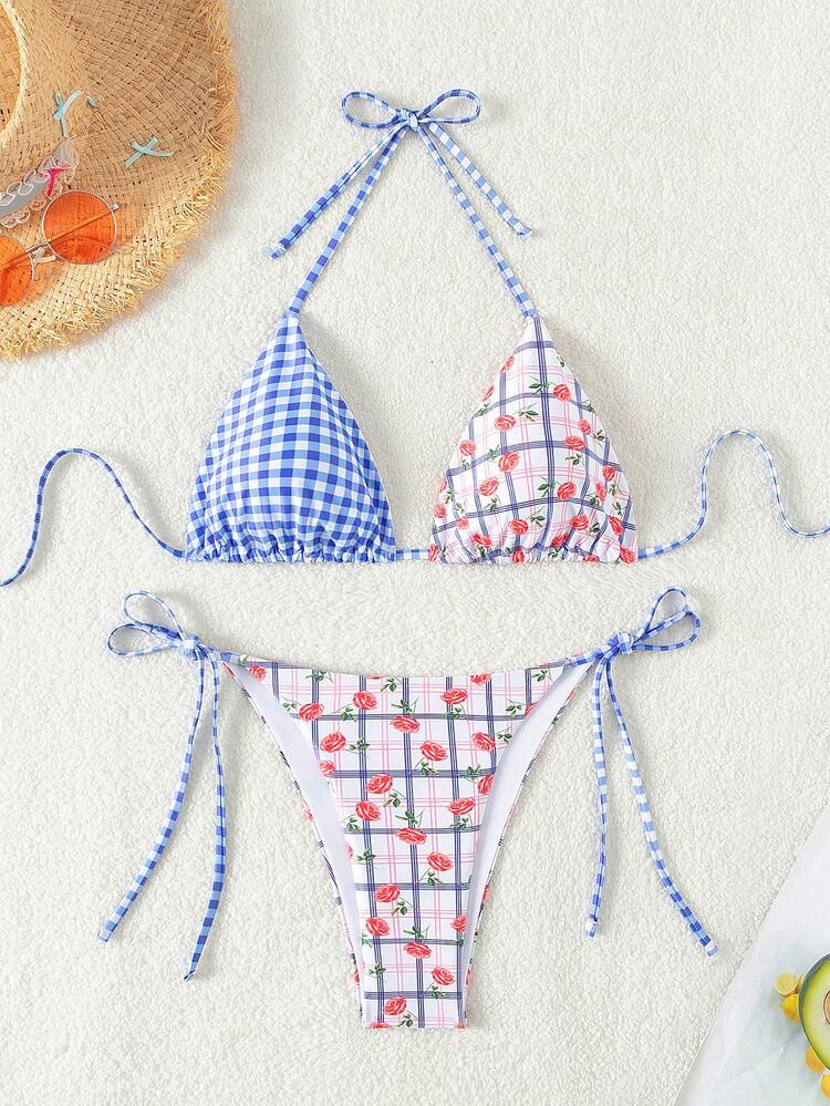 Women's Beach Vacation Checkered Floral Bikini Set,Summer Beach