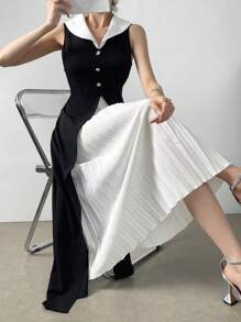 Modelyn Đầm Maxi Không Tay Xếp Ly Màu Tương Phản Thanh Lịch Cho Nữ Mùa Hè Trang Phục Đầm Dạ Hội Dài - Đen và trắng - Xem 3