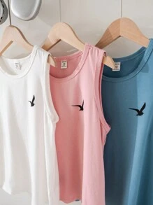SHEIN Tween Boys' 3pcs/Set Loose Fit Summer Casual Round Neck Seagull Print Tank Top - Multicolor - View 8