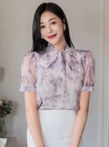 DAZY Áo sơ mi voan nữ in họa tiết tua rua cổ - Màu tím - Xem 4