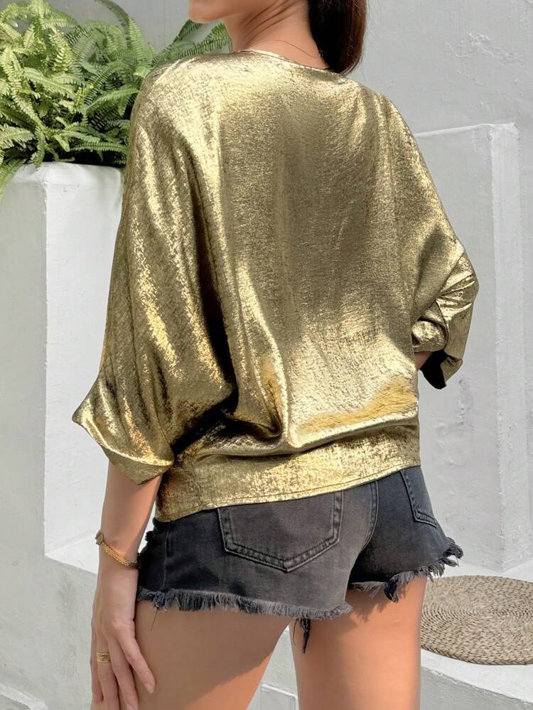 Spring/Summer Loose-Fit Metallic Fabric Batwing Sleeve Women Shirt