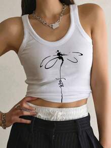 SHEIN Unity Dragonfly Letter Printed Slim Fit Tank Top For Summer - White - View 5