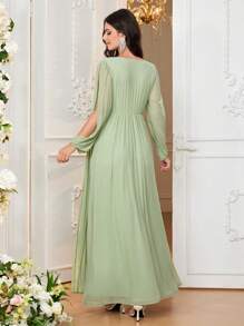 SHEIN Váy dài tay cổ chữ V sâu thanh lịch, trẻ trung và trưởng thành cho bà bầu trong các lễ hội - màu xanh lá - Xem 2