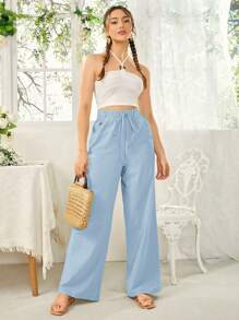 SHEIN Essnce Women's Solid Color High Waist Wide Leg Casual Pants With Belt And Pockets - Baby Blue - View 5