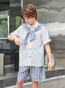 SHEIN 10-12歲男孩2入組校園風條紋斗篷設計短袖襯衫和短褲，休閒套裝"} (Note: I assumed that "tween boy - 白色 - 查看 2