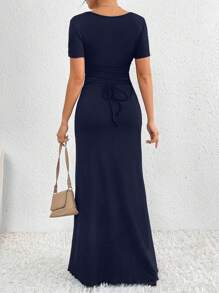 SHEIN Clasi Elegant Solid Color Simple Daily Dress For Women - Navy Blue - View 3