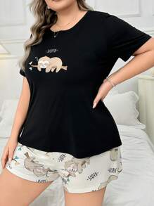 Sloth Print Plus-Size Short Sleeve Shirt And Shorts Pajama Set - Multicolor - View 5