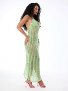 Musera Resort Beach Sheer Crochet Knit Maxi Dress Summer Beach Ibiza Outfits Beachwear Summer Holiday Ibiza OutfitHoliday Spring - Green - View 4