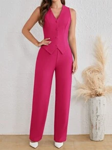 SHEIN Tall Conjunto de traje de verano de ajuste ceñido de unicolor de moda para damas en otoño/invierno - Rosa Fucsia - Ver 3