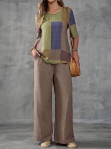 EMERY ROSE 2 stuks/set dames zomer contrasterende kleur knoopontwerp ronde hals mouwloze top en shorts casual outfit