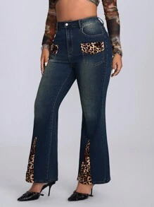 Jean évasé léopard de mode pour femme grande taille - Bleu azur - Voir 5