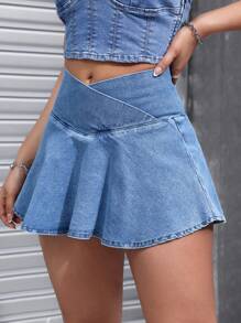 SHEIN EZwear Falda cruzada de mezclilla con unicolor y diseño simple para uso diario de mujer - Lavado ligero - Ver 1