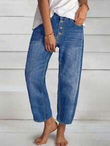 Women's Button Front Mid-Rise Straight Leg Jeans With Patchwork And Frayed Hem Detail - Dark Wash - View 3