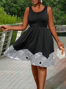 Maweii Plus Size Women Geometric Printed Sleeveless Casual Dress With Round Neckline, Summer
