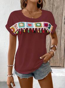 Breezaya Camiseta informal de manga corta y cuello redondo con flecos estampado de flores para las vacaciones de verano de la mujer