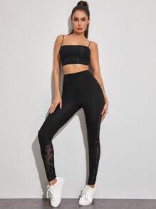 SHEIN LUNE High Waist Flocked Mesh Insert Leggings - Black - View 4