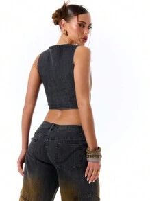 MUSERA Lace Up Front Denim Crop Top Spring 90's Y2k Cute Sexy Summer Vacation Festival Rave Vacation - Multicolor - View 2