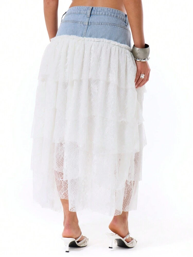 Tiered Lace Denim Maxi Skirt, Summer Fashion Boho Summer Cute Party