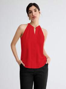 SHEIN BIZwear 女士纯色钥匙孔领优雅吊带背心，浪漫优雅日常休闲商务通勤装，复古风OL装，教师制服，基础款上衣，婚礼宾客着装，秋季 - 紅色 - 查看 5