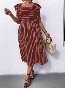 SHEIN LUNE Vestido diario impreso con patrón de líneas simple para mujeres de talla grande - Rojo - Ver 7